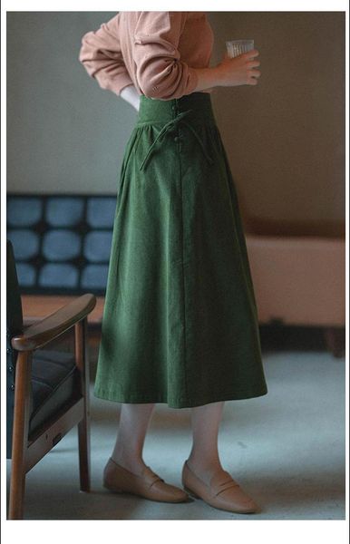 

skirts cynthia chinese-style female a-line corduroy bust mid-long tied elegant pleated women lady spring autumn winter, Black