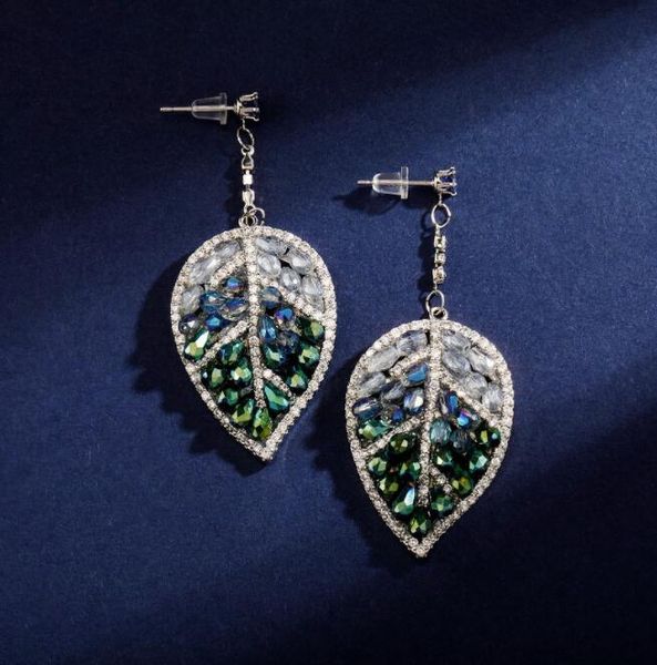 

ins leaf shape personalized dangle earrings european and american natural style versatile color zircon jewellery gift for friend, Silver