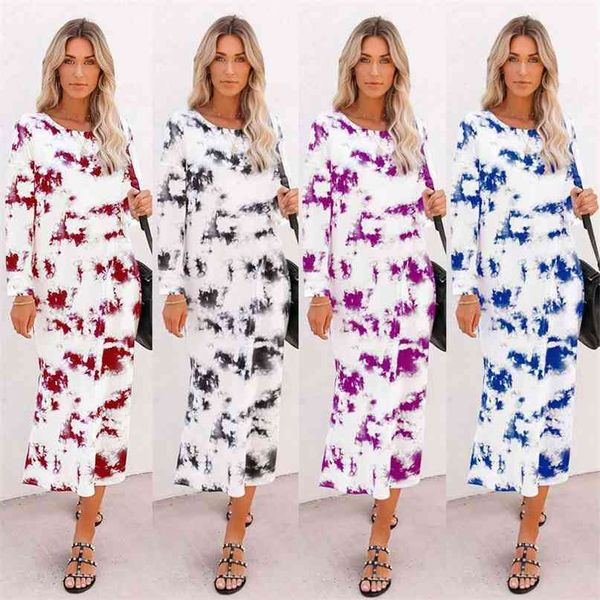

tie dye print long sleeve colorful maxi dress split autumn winter women elegant streetwear es robe 210507, Black;gray