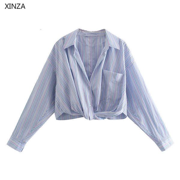 

women's blouses & shirts knotted striped cropped shirt women long sleeve elegant blue spring blouse feminine chic patch pocket sh, White