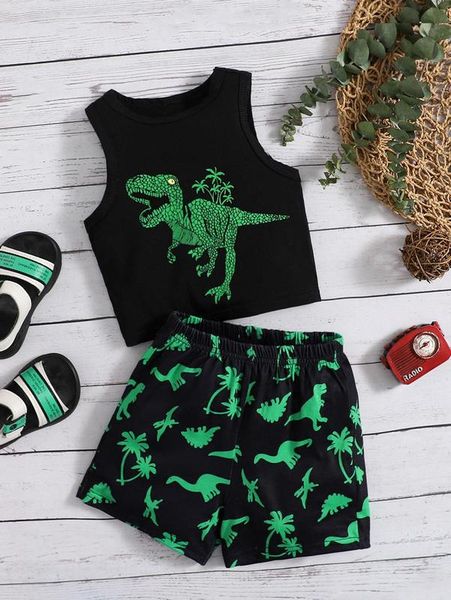 

baby dinosaur print tank & elastic waist shorts she, White