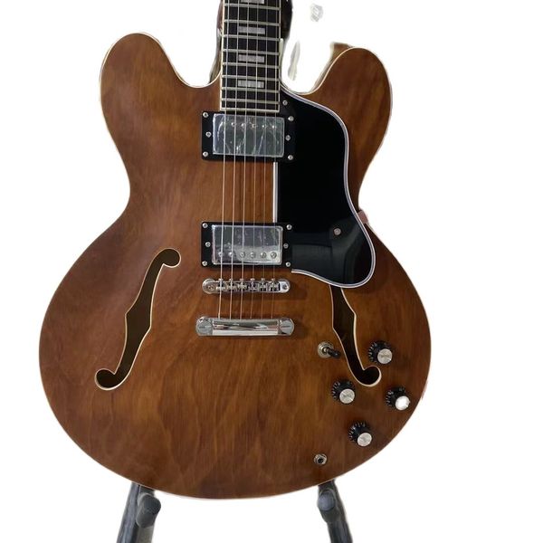 

jazz electric guitar semi hollow body transparent brown color ebony fingerboard matte finished guitarar