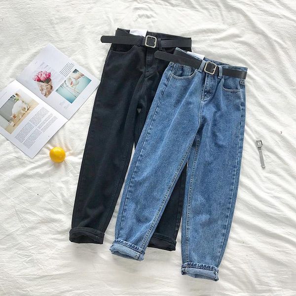 

jeans high waist vintage women solid straight pants loose casual street denim trousers pantalon female plus size with belt, Blue