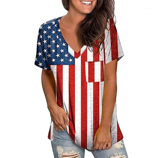 

women's t-shirt independence day flag print t shirts women v-neck july 4th tee ladies casual short sleeve fashion summer clothes d30, White