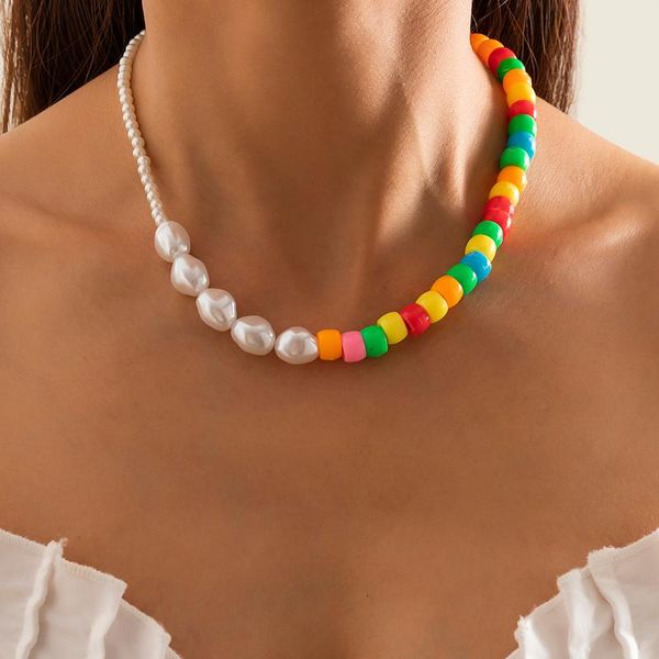 

chains colorful rainbow acrylic resin bead necklaces imitation pearls baroque choker for women lovers jewelry, Silver