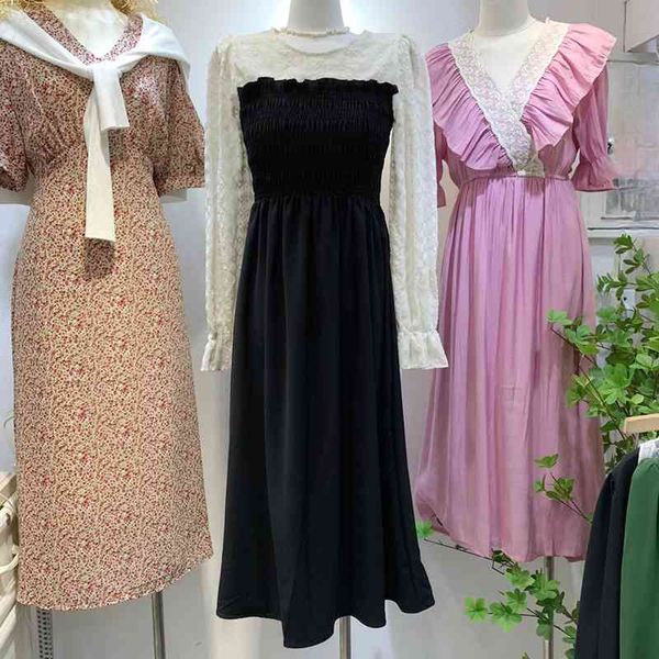 Mode Gefälschte Zweiteilige Schlanke Taille Frau Kleid Chic Kontrast Farbe Vestidos Mujer Frühling Langarm Kleider Frauen 210514
