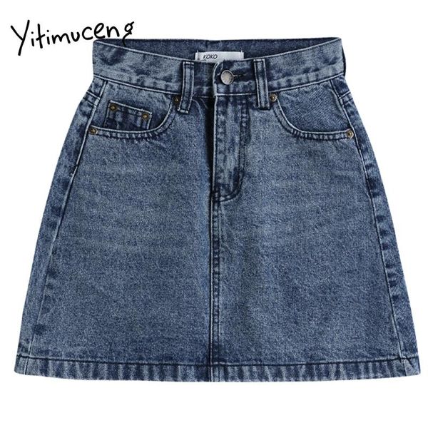 

yitimuceng button up skirt women pocket mini high waist a-line solid blue clothing 2021 spring summer korean fashion skirts, Black