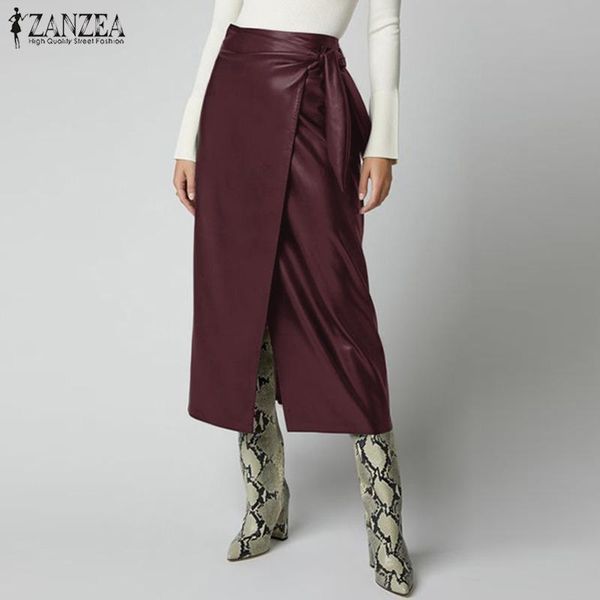 

skirts summer fashion pu leather zanzea elegant work ol split women solid lace-up high waist vestidos female robe jupe, Black
