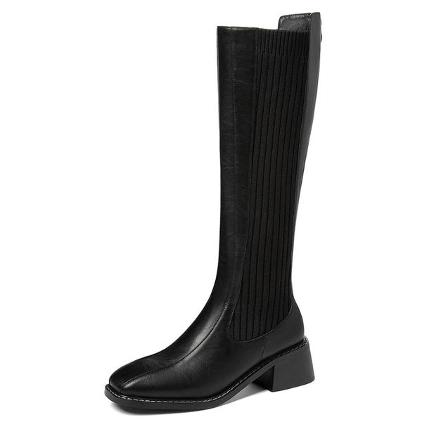 

boots square toe pu stitching knit fabric sleeve knitting women's knee-length with platform thick heel elastic band, Black