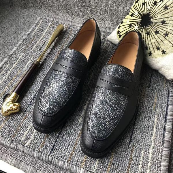 

dress shoes authentic real true ostrich skin businessmen oxford genuine exotic stingray leather male slip-on loafers for suit, Black