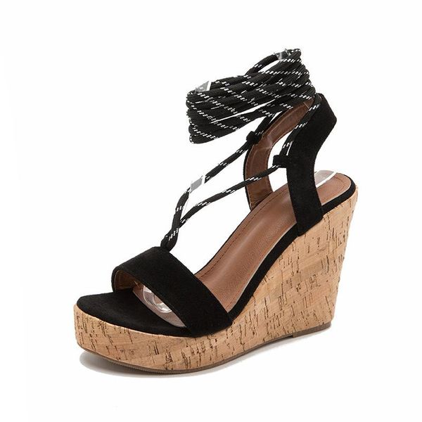 

fashion open toe ankle strap platform wedges women sandals high heel strappy gladiator ladies shoes summer size 43 dress, Black