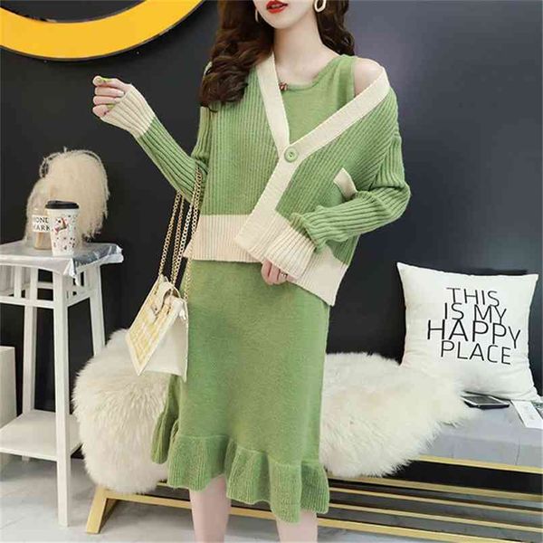 Mode Herbst Winter Frauen Stricken Angora Kaninchen Haar Strickjacke Strickwaren Jacken + Pullover Weste Kleid Zwei-stück Anzug Volants 210427