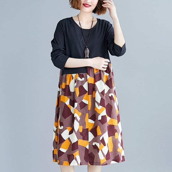 

casual dresses petchwork long sleeve autumn dress cotton print women plus size vintage o-neck female spring, Black;gray