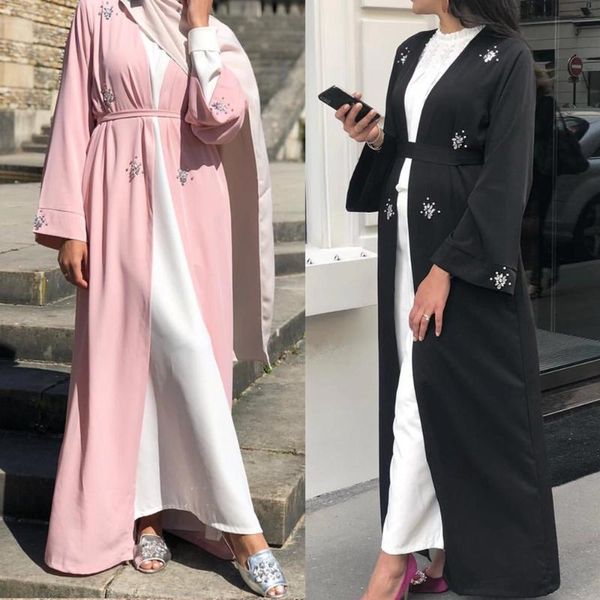 

muslim diamonds beading cardigan abaya full dress kimono long robe gowns jubah dubai middle east ramadan arab islamic clothing ethnic, Red