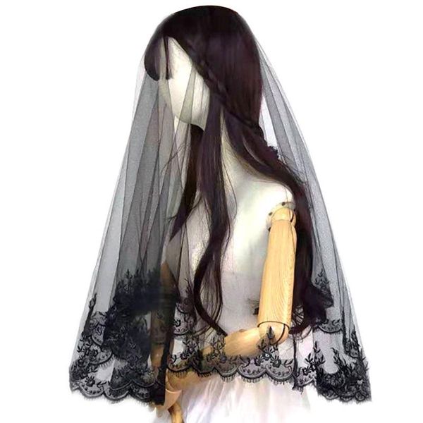 

bridal veils women lolita cosplay black veil halloween wedding cool witch tulle elbow-length 140cm gothic one layer