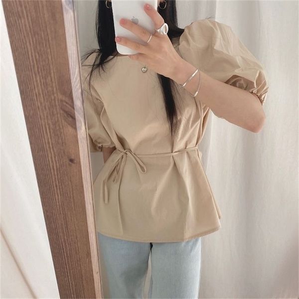 

chic elegance puff sleeves cotton lace up blouses ol lady girls all match prom shirts 210525, White