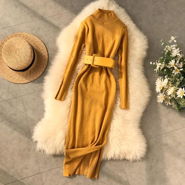 

casual dresses yuoomuoo good quality thick turtleneck sweater dress women 2021 winter korean elegant bodycon work ladies knitted, Black;gray