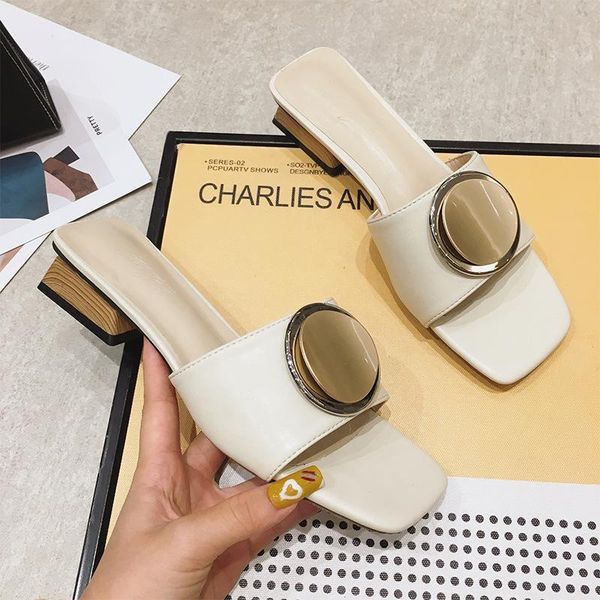 

designer slippers women shoes square toe chunky heel split leather ladies summer slides flats open, Black