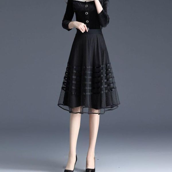 

skirts women 2021 summer fashion solid color loose female high waist thin a-line ladies mid-long mesh e295, Black