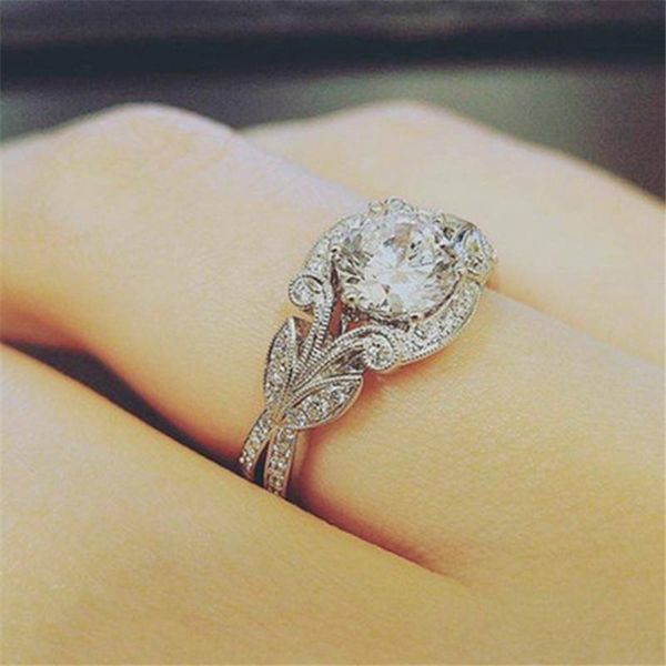 

wedding rings trendy white crystal for women bands engagement leaves cubic zirconia fashion jewelry gifts, Slivery;golden