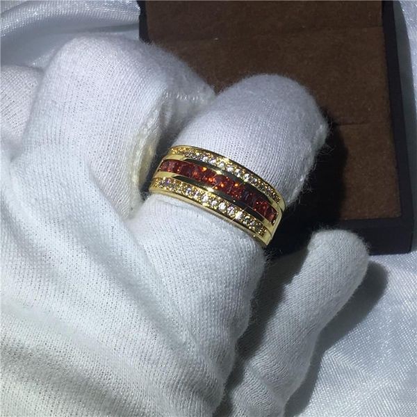 

wedding rings fashion engagement band for men red zircon stone yellow gold filled male party ring wholesale jewelry, Slivery;golden