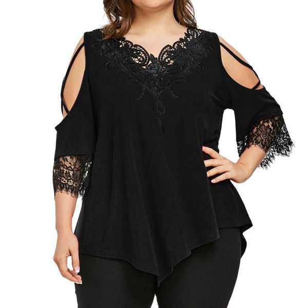 

plus size s-5xl summer womens and blouses tunic lace patchwork cold shoulder cross tee shirts half sleeve women women's &, White