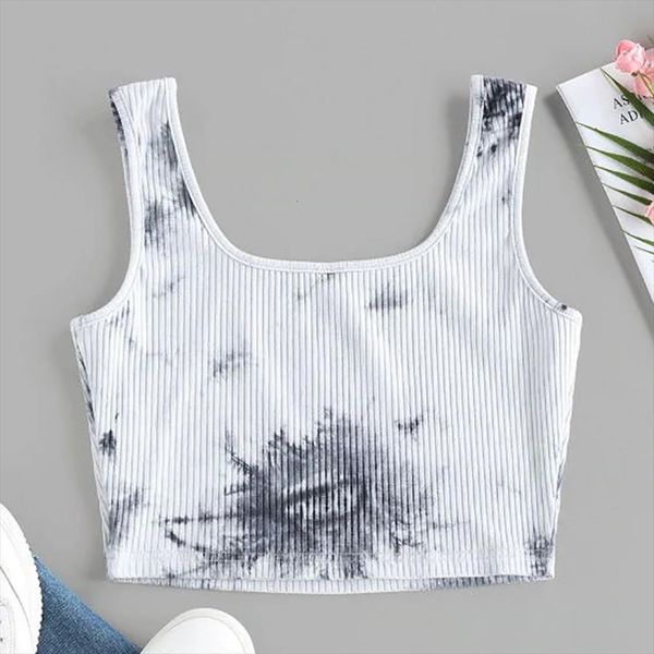 

crop tie dye print women tank sleeveless ribbed knitted pullover vest ladies cotton beachwear summer, White