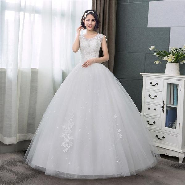 

other wedding dresses 2021 sweet customized plus size o neck lace appliques korean ball gown bridal dress vestido de noiva, White