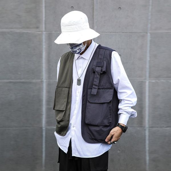 

men's vests retro motorcycle style personality splicing zipper design fashion trend loose large waistcoat, Black;white