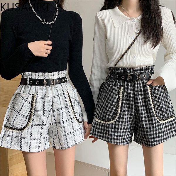 

women's shorts kusahiki elegant belt high waist woolen plaid women korean autumn winter 2021 bottoms causal wide leg short femme 6n232, White;black