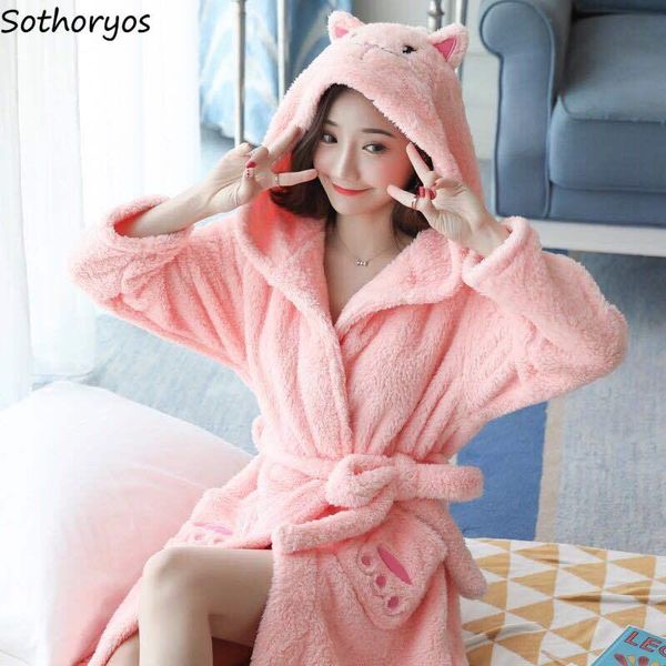 

women's sleepwear women robes ears hooded print thickening casual warm knee length female bath robe fashion ulzzang daily with belt c, Black;red