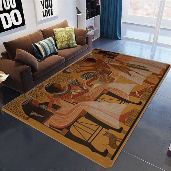 Cultura egípcia grandes tapetes para sala de estar vintage nórdico estilo étnico chão esteira antiderrapante tapetes laváveis ​​quarto ao lado de 210626