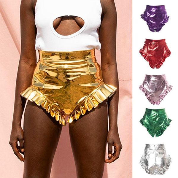 

women's shorts summer ruffle solid holiday zipper pu leather women streetwear high waist night club y2k, White;black