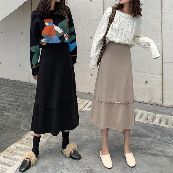 

autumn winter women high waist stretch thin a-line long skirt simple solid casual all-match pleated skirts, Black