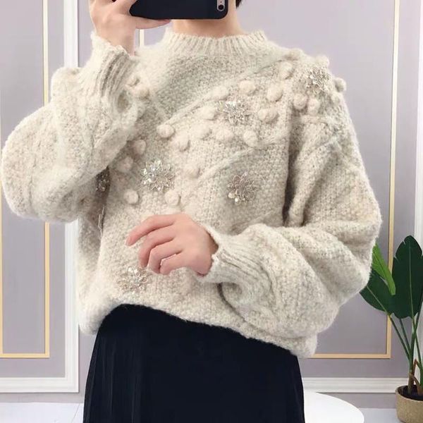 

women's sweaters korean version autumn winter pullover long sleeve round neck flower diamond inlaid thick warm loose knit top, White;black