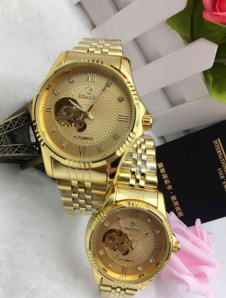 

men's and women's diamond inlaid mechanical lovers gold watch waterproof hollow out double sided watch, Slivery;brown