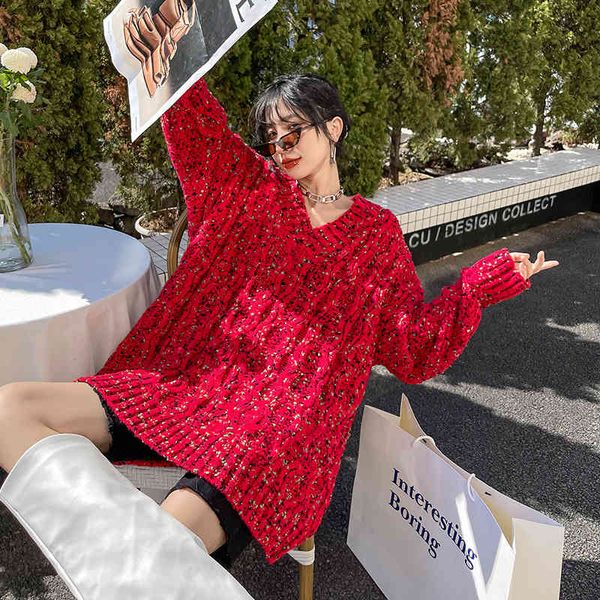 

women's knits & tees [eam] red big size casual knitting sweater loose fit v-neck long sleeve women pullovers fashion autumn winter 2022, White