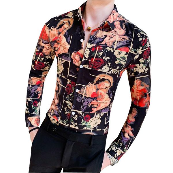 

print shirt men flower casual shirts slim fit party dress fashion 2021 spring long sleeve hawaiian men's, White;black