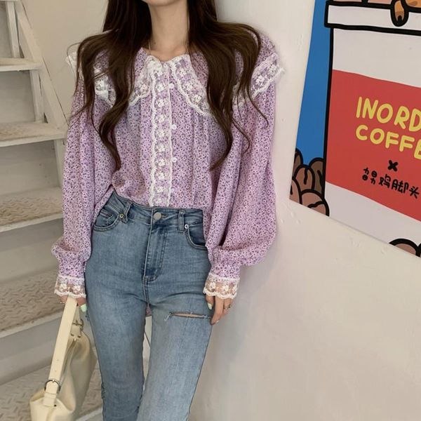 

women's blouses & shirts hzirip korean spring fresh floral lace chic fashion ladies 2021 casual all-match gentle lapel long-sleeved sin, White