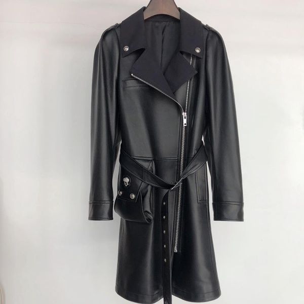 

women's leather & faux dajane design women coat sheepskin long jacket, Black