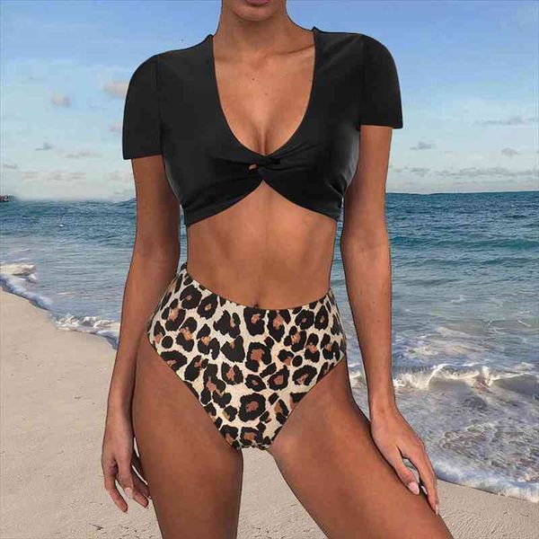 

leopard bikini high waist bikini set push up swimwear cross knot tie dye swimsuit women v neck short sleeve swimsuit, White;black