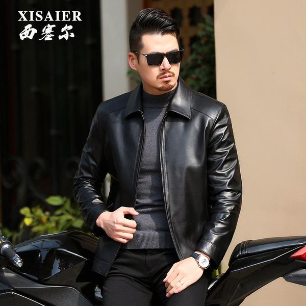 

men's leather & faux fall / winter 2021 jacket head layer sheep business leisure lapel, Black