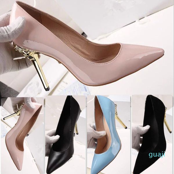 

new designer ladies high heels fashion pointed toe patent leather pumps sweet girls party shoes women work wedding dress shoes 4738, Black