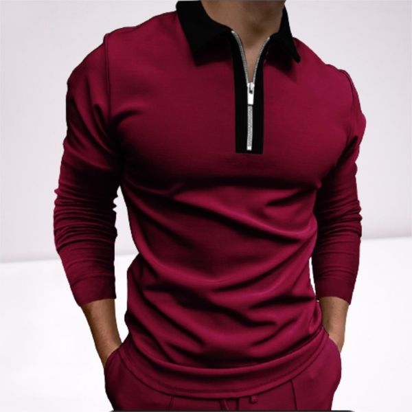 

men's long sve casual busins tight solid fashion zipper and lapel t-shirt, new in 2021, White;black