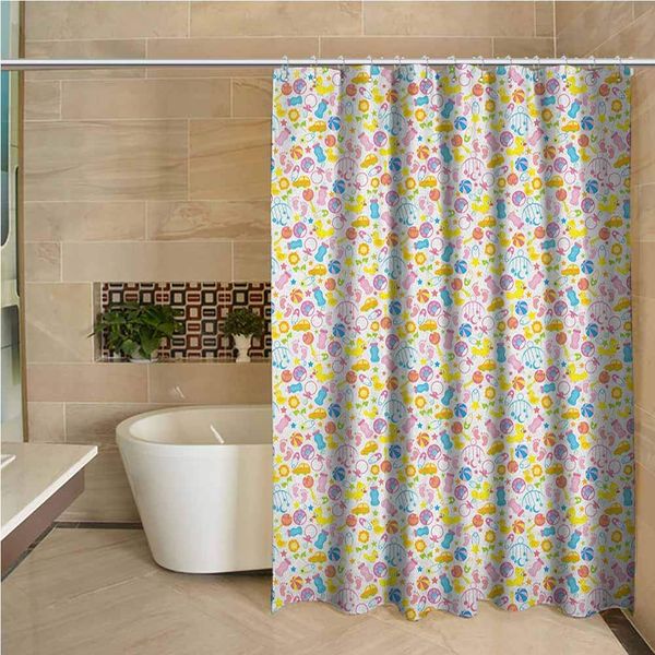 

baby modern shower curtain an assortment of infant items toys footprints milk bottles flower arrangement design water repellent