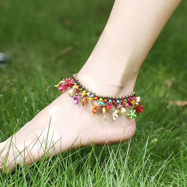 

anklets 4 colors nature stones vintage fishstar, handmade braided ethnic foot chains,fashion brass bells, Red;blue