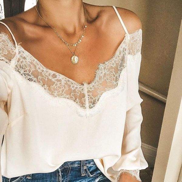 

women's blouses & shirts women lace patchwork v neck blouse 2022 spring long sleeve backless ladies casual female loose solid shir, White
