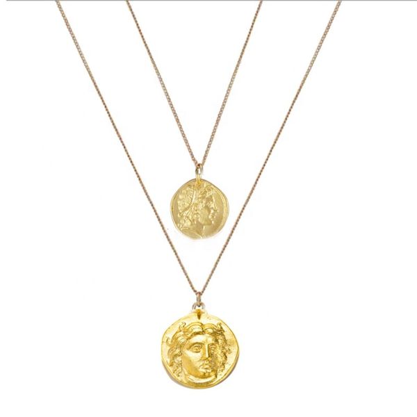 

custom 18k gold plated double layer gorgoneion medusa pendant coin necklace, Silver