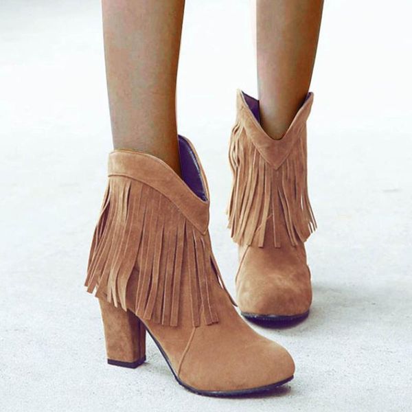 

boots elegant frosted fringed women's fashion fringe solid color thick high heel ankle zapatos de mujer 2021, Black