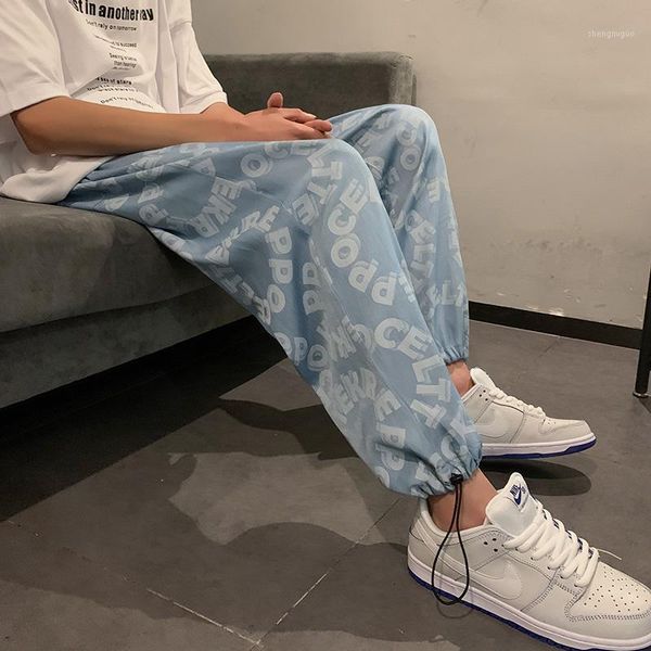 

plus size 5xl-m summer letter print drape casual pants men clothing 2021 simple ice silk loose joggers trousers ankle length men's, Black